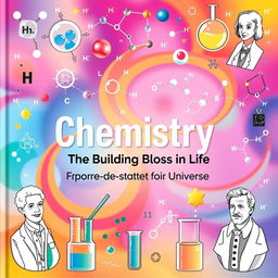 An engaging and visually stimulating cover page for a chemistry book, featuring a vibrant mix of chemical symbols, molecular structures, and laboratory glassware