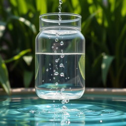 A 20-liter jar slowly dripping with water, creating small splashes as the droplets fall into a pool below