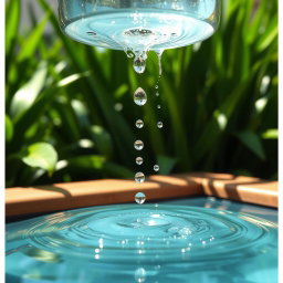 A 20-liter jar slowly dripping with water, creating small splashes as the droplets fall into a pool below