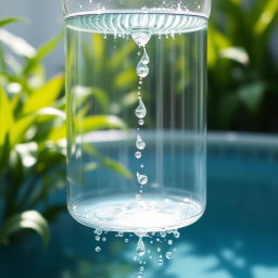 A 20-liter jar slowly dripping with water, creating small splashes as the droplets fall into a pool below