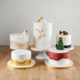 Five minimal and innovative Christmas-themed cakes, each showcasing clean lines and a modern aesthetic