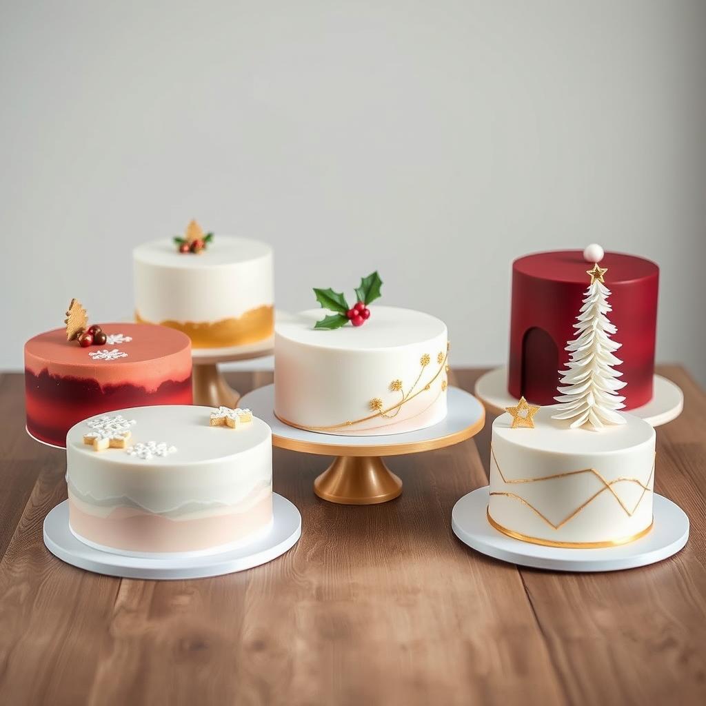 Five minimal and innovative Christmas-themed cakes, each showcasing clean lines and a modern aesthetic