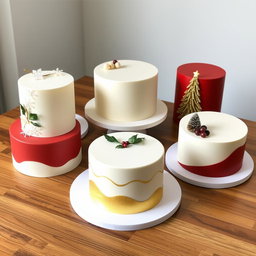 Five minimal and innovative Christmas-themed cakes, each showcasing clean lines and a modern aesthetic