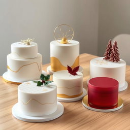 Five minimal and innovative Christmas-themed cakes, each showcasing clean lines and a modern aesthetic