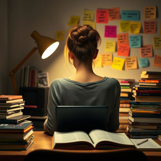 A young woman sitting at a desk late at night, her backside visible with a clumsy down hair bun, focused on studying with a tablet in front of her