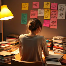 A young woman sitting at a desk late at night, her backside visible with a clumsy down hair bun, focused on studying with a tablet in front of her