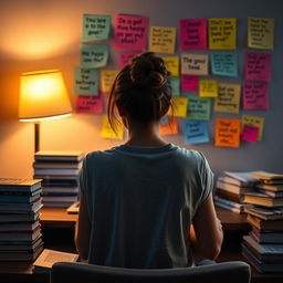 A young woman sitting at a desk late at night, her backside visible with a clumsy down hair bun, focused on studying with a tablet in front of her