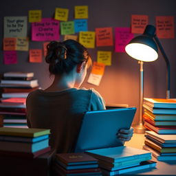 A young woman sitting at a desk late at night, her backside visible with a clumsy down hair bun, focused on studying with a tablet in front of her