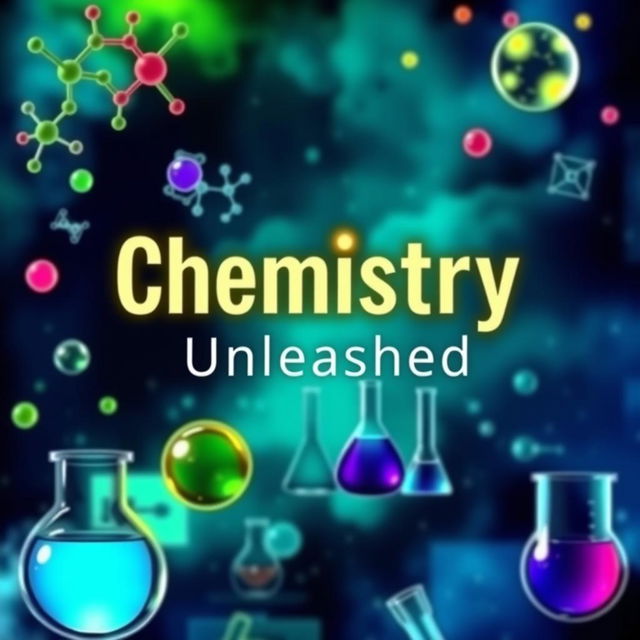 A visually striking cover page for a chemistry book, featuring an abstract representation of chemical structures, such as molecular diagrams and colorful atomic models