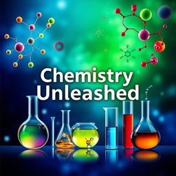 A visually striking cover page for a chemistry book, featuring an abstract representation of chemical structures, such as molecular diagrams and colorful atomic models