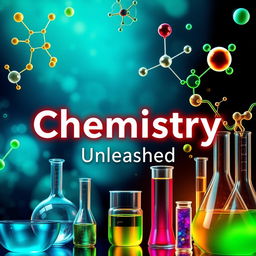 A visually striking cover page for a chemistry book, featuring an abstract representation of chemical structures, such as molecular diagrams and colorful atomic models
