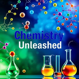 A visually striking cover page for a chemistry book, featuring an abstract representation of chemical structures, such as molecular diagrams and colorful atomic models