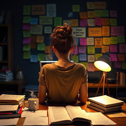 A young woman sitting at a table late at night, focused on her tablet while studying