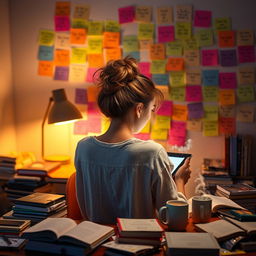 A young woman sitting at a table late at night, focused on her tablet while studying