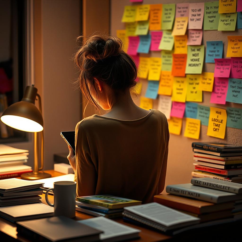 A young woman sitting at a table late at night, focused on her tablet while studying
