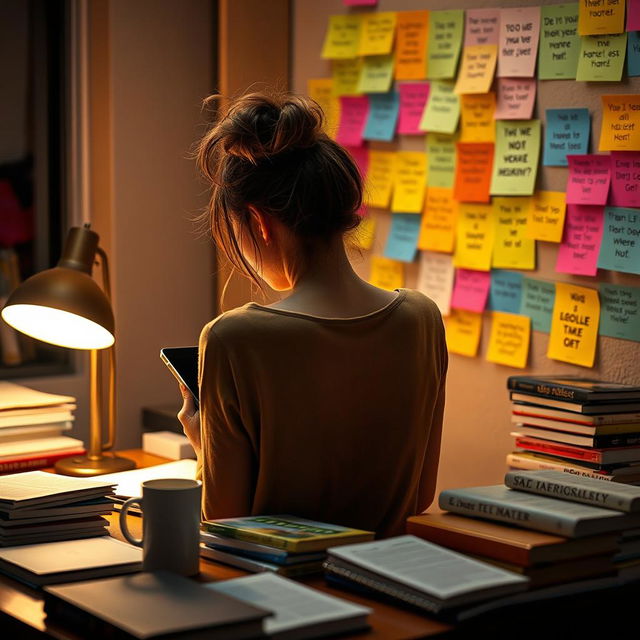 A young woman sitting at a table late at night, focused on her tablet while studying
