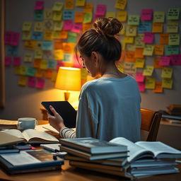 A young woman sitting at a table late at night, focused on her tablet while studying