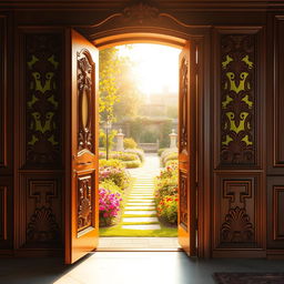 A beautifully designed door is open outward, revealing a stunning garden view bathed in golden sunlight