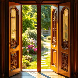 A beautifully designed door is open outward, revealing a stunning garden view bathed in golden sunlight