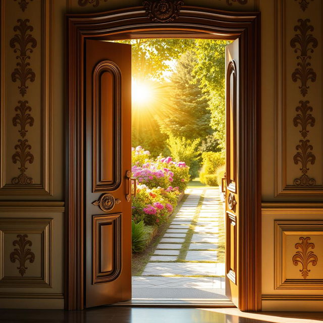A beautifully designed door is open outward, revealing a stunning garden view bathed in golden sunlight