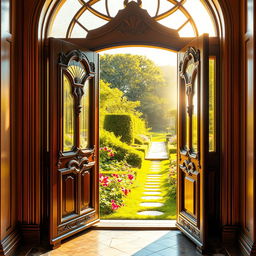A beautifully designed door is open outward, revealing a stunning garden view bathed in golden sunlight