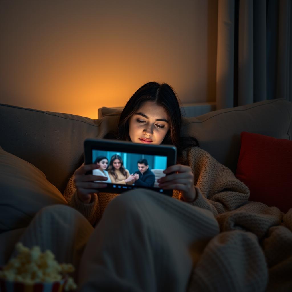A young woman enjoying a Turkish drama series on her tablet late at night, sitting comfortably on a cozy sofa