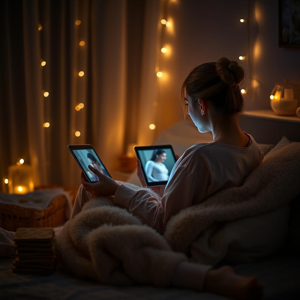 A cozy scene of a young woman sitting comfortably in her bedroom, engaged in watching the Turkish drama 'Kardeşlerim' on her tablet late at night