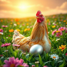 A beautiful chicken laying a shiny silver egg in a lush green field surrounded by colorful flowers, with the sun shining brightly in the sky