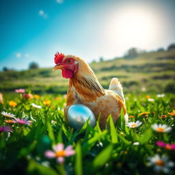 A beautiful chicken laying a shiny silver egg in a lush green field surrounded by colorful flowers, with the sun shining brightly in the sky