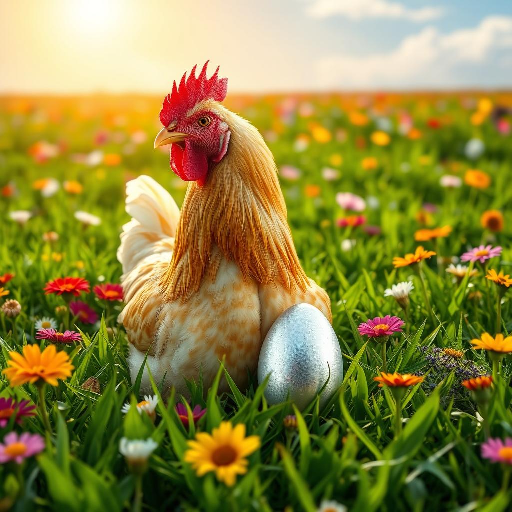 A beautiful chicken laying a shiny silver egg in a lush green field surrounded by colorful flowers, with the sun shining brightly in the sky