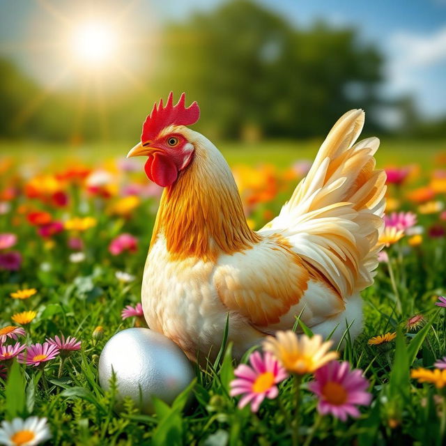 A beautiful chicken laying a shiny silver egg in a lush green field surrounded by colorful flowers, with the sun shining brightly in the sky