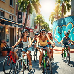 A vibrant and colorful street scene featuring a group of friends joyfully riding their bikes