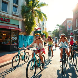 A vibrant and colorful street scene featuring a group of friends joyfully riding their bikes