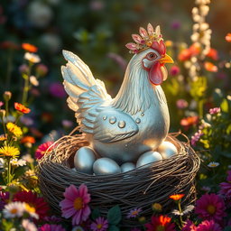 A beautiful silver egg laying hen with shimmering feathers, gracefully sitting on a nest filled with sparkling silver eggs