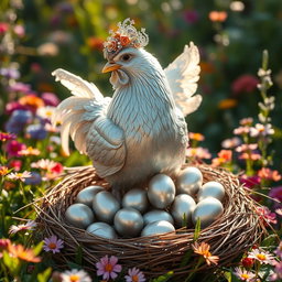 A beautiful silver egg laying hen with shimmering feathers, gracefully sitting on a nest filled with sparkling silver eggs