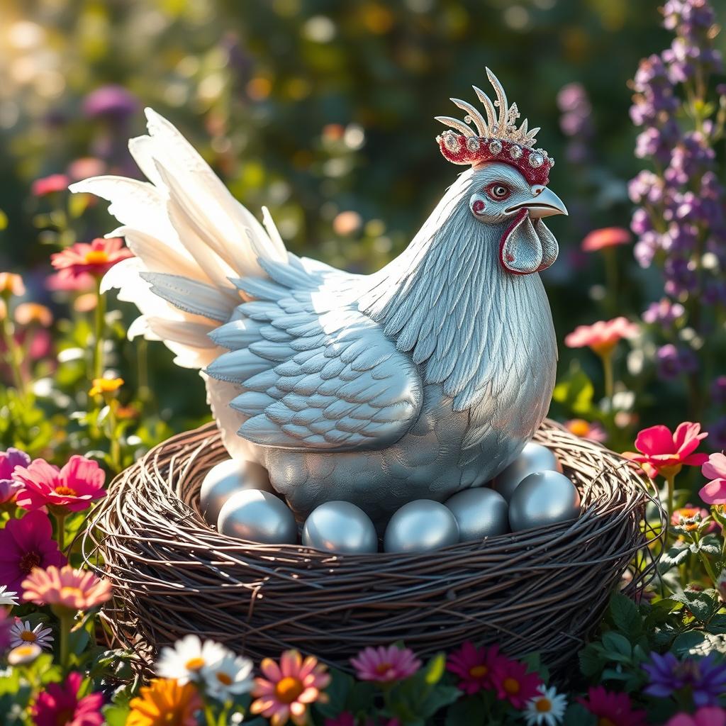 A beautiful silver egg laying hen with shimmering feathers, gracefully sitting on a nest filled with sparkling silver eggs