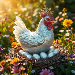 A beautiful silver egg laying hen with shimmering feathers, gracefully sitting on a nest filled with sparkling silver eggs