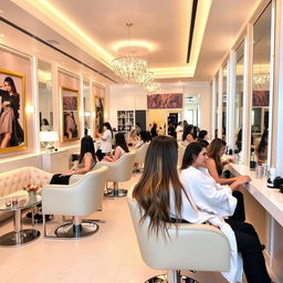 A luxurious hair and beauty salon named 'Asia Alipour,' featuring elegant interior design with stylish furniture, soft lighting, and modern beauty treatment stations
