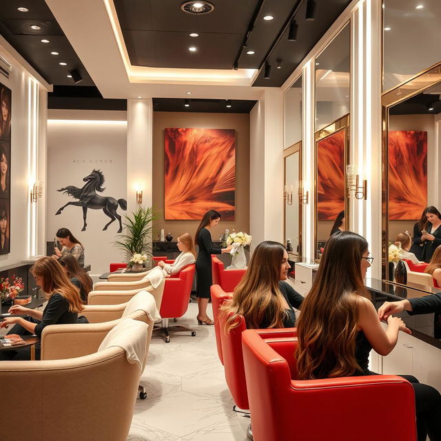 A luxurious hair and beauty salon named 'Asia Alipour,' featuring elegant interior design with stylish furniture, soft lighting, and modern beauty treatment stations