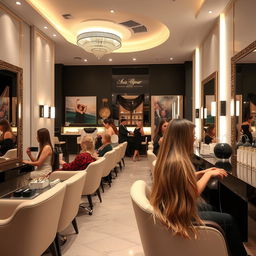 A luxurious hair and beauty salon named 'Asia Alipour,' featuring elegant interior design with stylish furniture, soft lighting, and modern beauty treatment stations