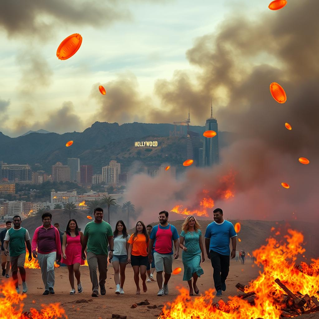 A surreal scene of Los Angeles engulfed in flames, with iconic landmarks like the Hollywood sign and skyscrapers in the background