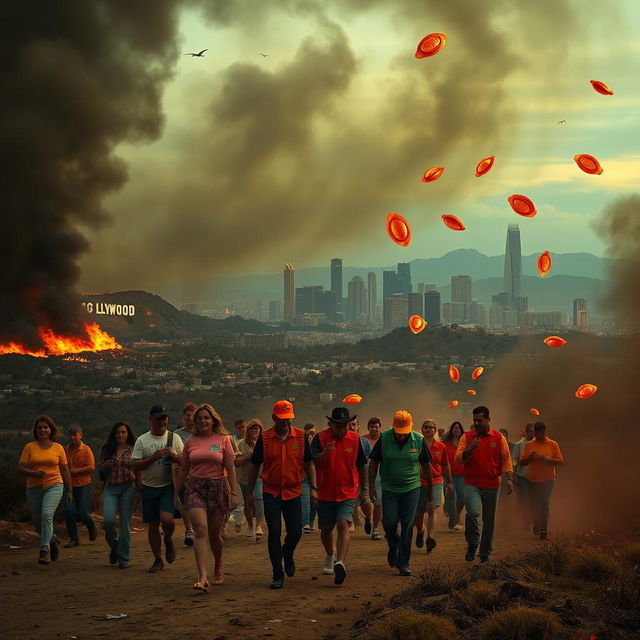 A surreal scene of Los Angeles engulfed in flames, with iconic landmarks like the Hollywood sign and skyscrapers in the background