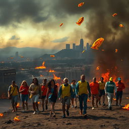 A surreal scene of Los Angeles engulfed in flames, with iconic landmarks like the Hollywood sign and skyscrapers in the background