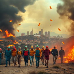 A surreal scene of Los Angeles engulfed in flames, with iconic landmarks like the Hollywood sign and skyscrapers in the background