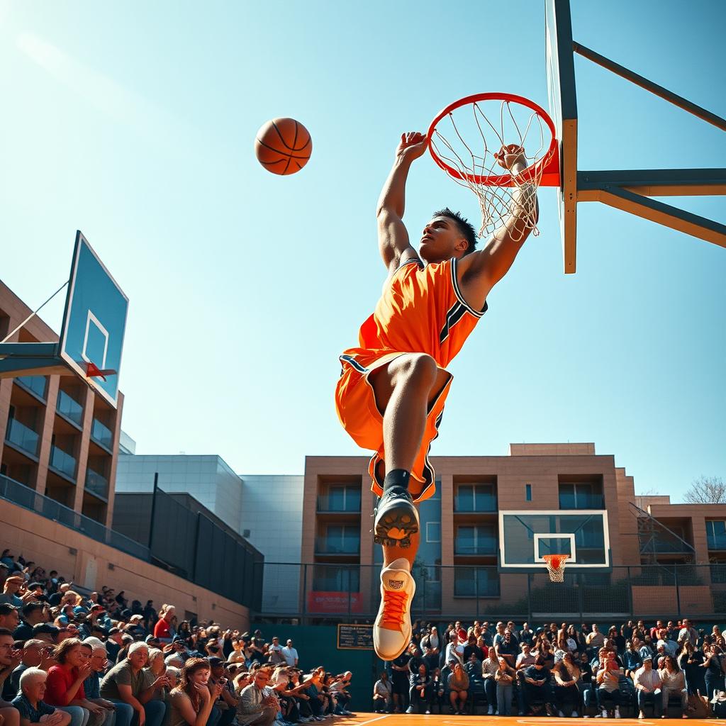 A tall male basketball player soaring through the air to dunk a basketball into a hoop