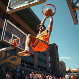 A tall male basketball player soaring through the air to dunk a basketball into a hoop