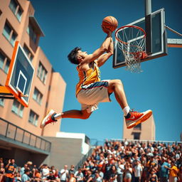A tall male basketball player soaring through the air to dunk a basketball into a hoop