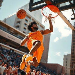 A tall male basketball player soaring through the air to dunk a basketball into a hoop