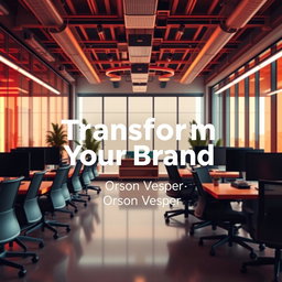 A realistic modern office environment that conveys professionalism and innovation, filled with high contrast colors, particularly warm tones