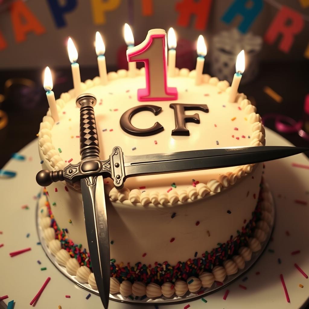 A beautifully decorated birthday cake featuring a prominent number '1' on top, with the letters 'CF' stylishly written below the number